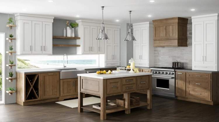 Oak bottom cabinets with white uppers and oak island