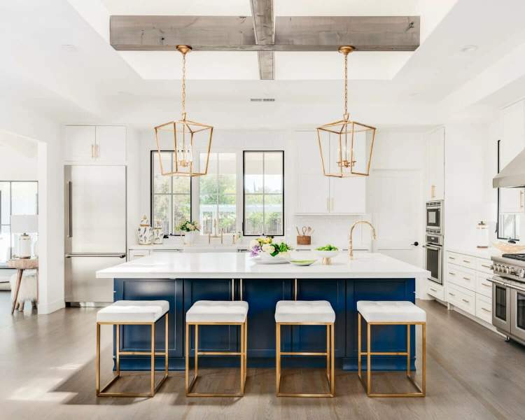 blue gold and white trendy kitchen