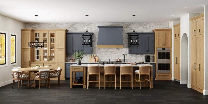 blue hood with natural frieze and natural cabinets