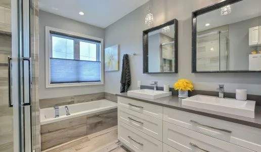 clean white bathroom with double sink