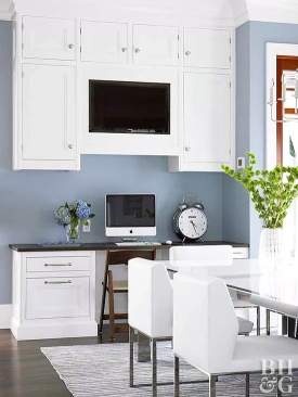 powder blue room with white home office