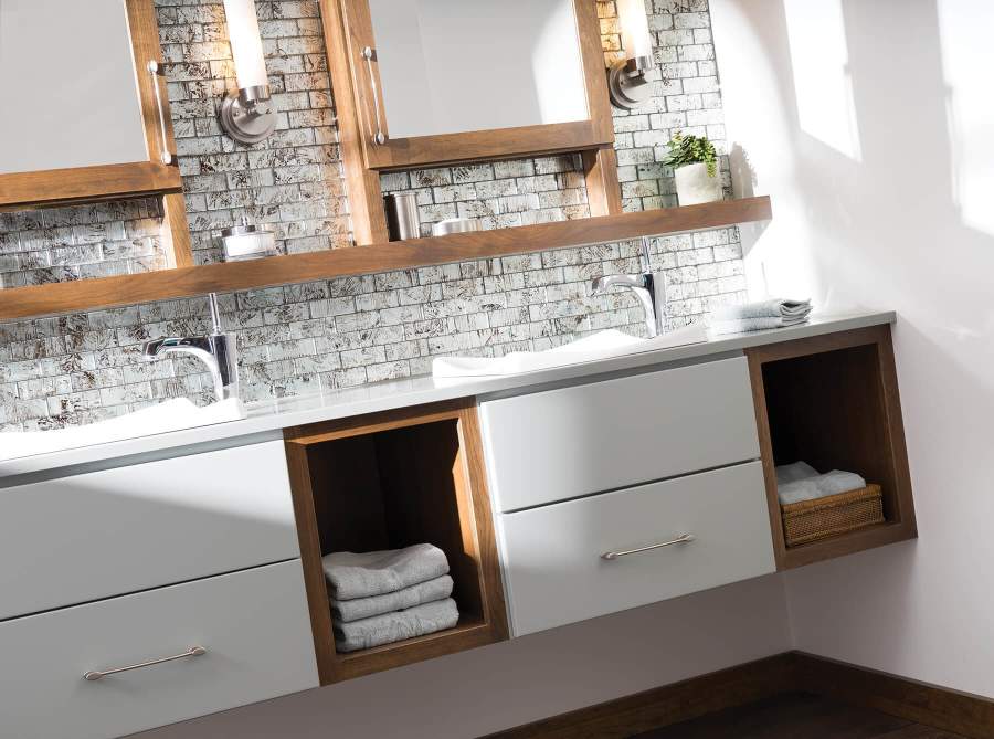 white and wood floating vanity